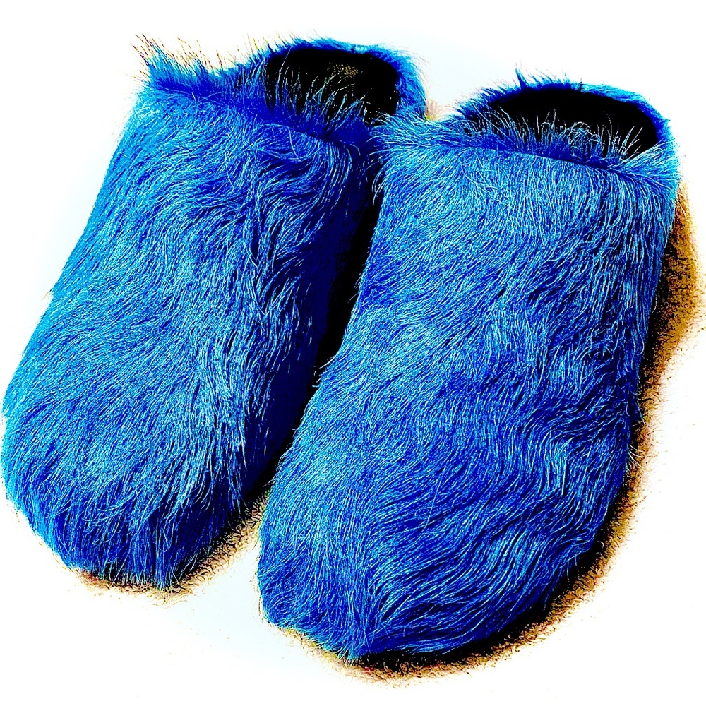 Marni: BLUE LONG-HAIR CALFSKIN FUSSBETT SABOT Men’s EU 45 US 11
